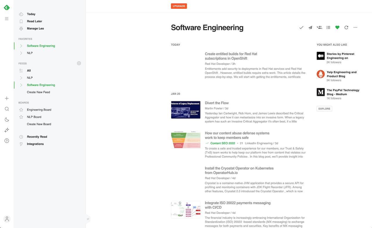 Feed overview of Feedly RSS reader in web browser